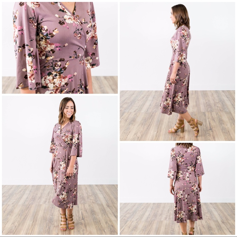 Soft orchid plum purple floral faux wrap dress.
